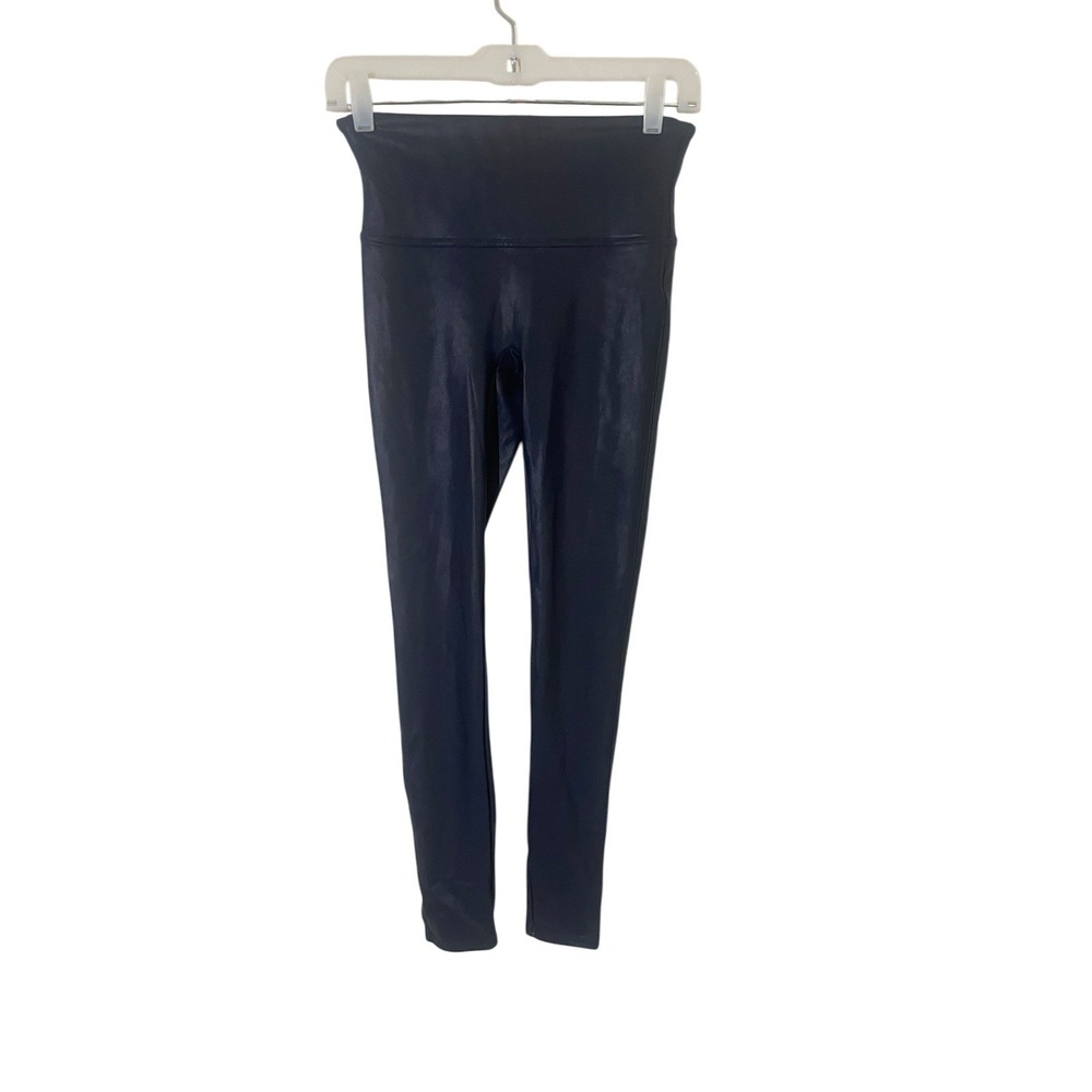 Spanx‎ Size Medium Navy Blue Faux Leather Leggings Grunge Moto Shiny